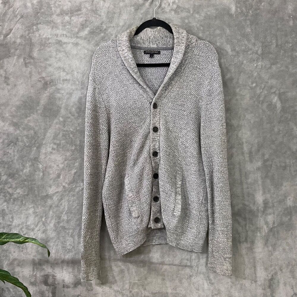 Banana Republic Men’s Large Cardigan Button Shawl Neck Heather gray/brn. Pockets